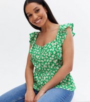 New Look Petite Green Floral Crepe Frill Button Peplum Top
